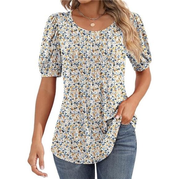 Tops - Women's Puff Short Sleeve Tunic Tops Pleated Crew Neck Blouses Casual Loose